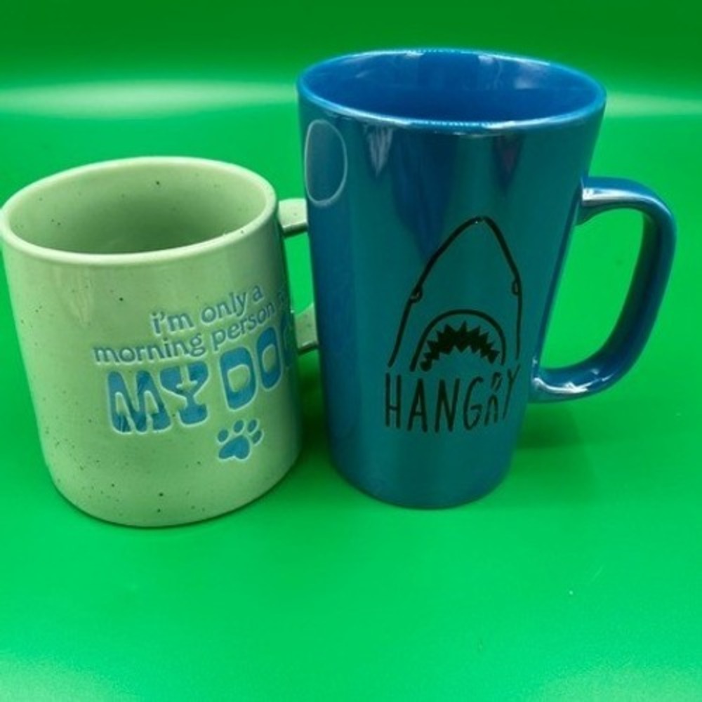 Room Essentials Mug Set Unisex OS Blue Green Dog Shark Hangry Novelty 2pc